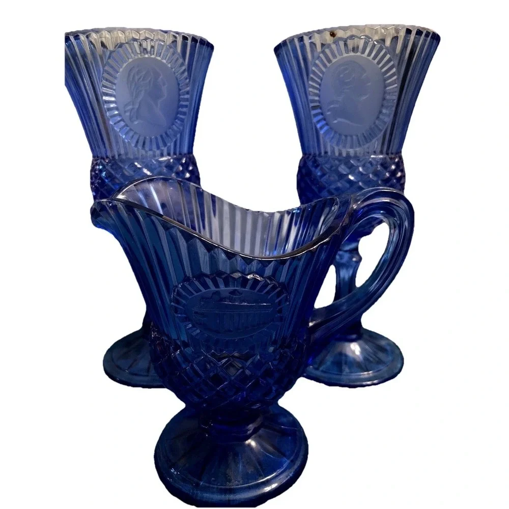 George & George (2) Goblets with A Mt. Vernon Gravy pitcher - Cobalt Blue Glass